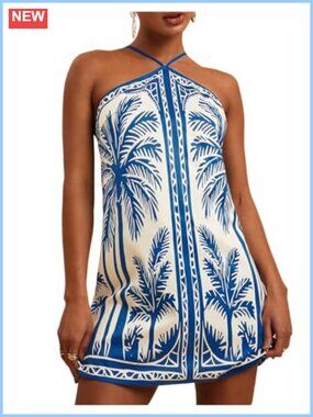 Halter Tropical Beach Luau Mini Dress Sleeveless Backless Vacation